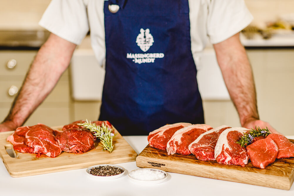 Served Steak On Wooden Boards