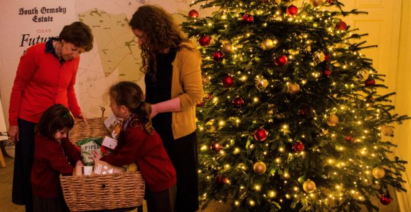 People Around Hamper In Front Of Christmas Tree